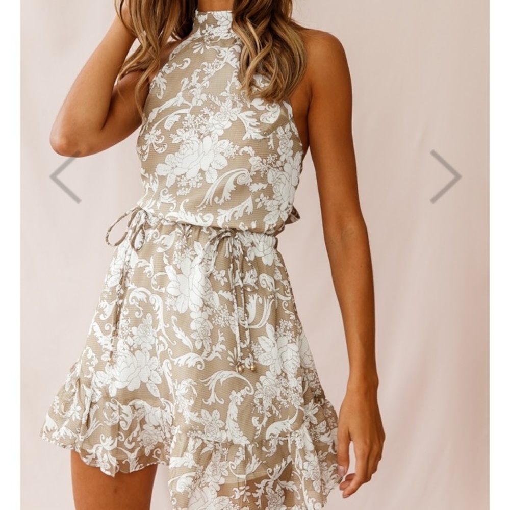 Ascot Halter Neck Tie Back Dress Beige